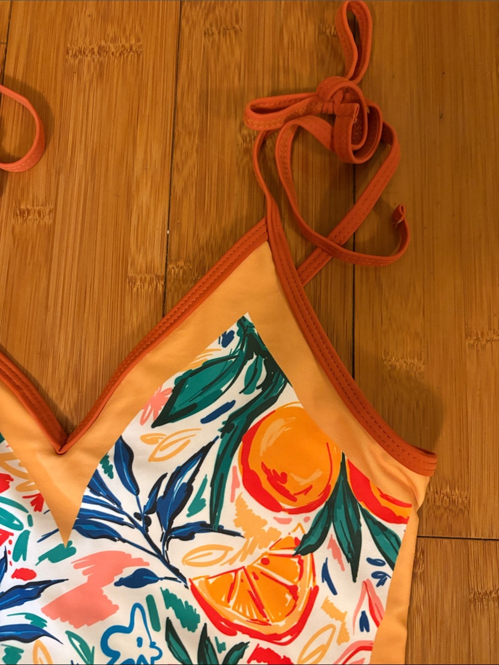 Girls Orange Citrus-Print One-Piece Swimsuit with Tie Straps - Picture 2 of 5
